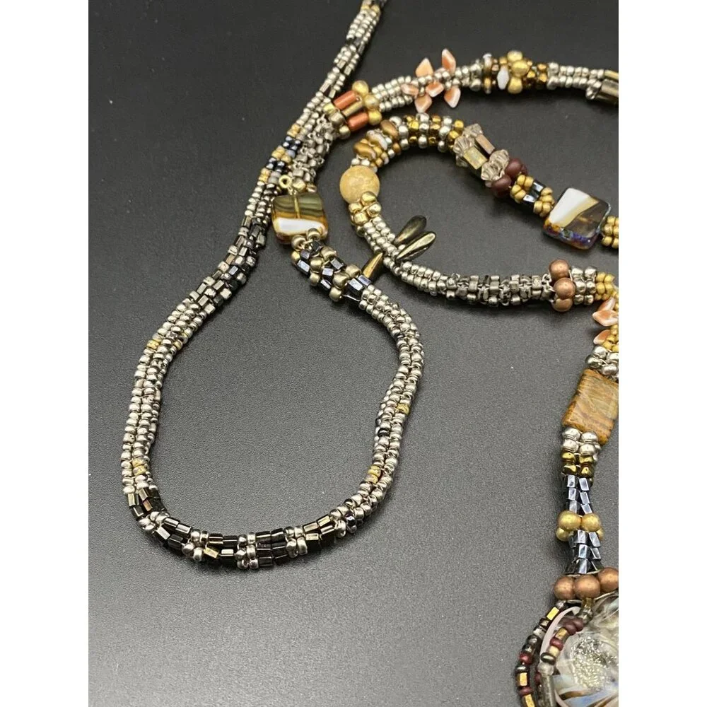 Artisan  Necklace Boho Natural Stone Shell Glass Bead Antiqued Bronze Toggle 38" - Picture 7 of 13